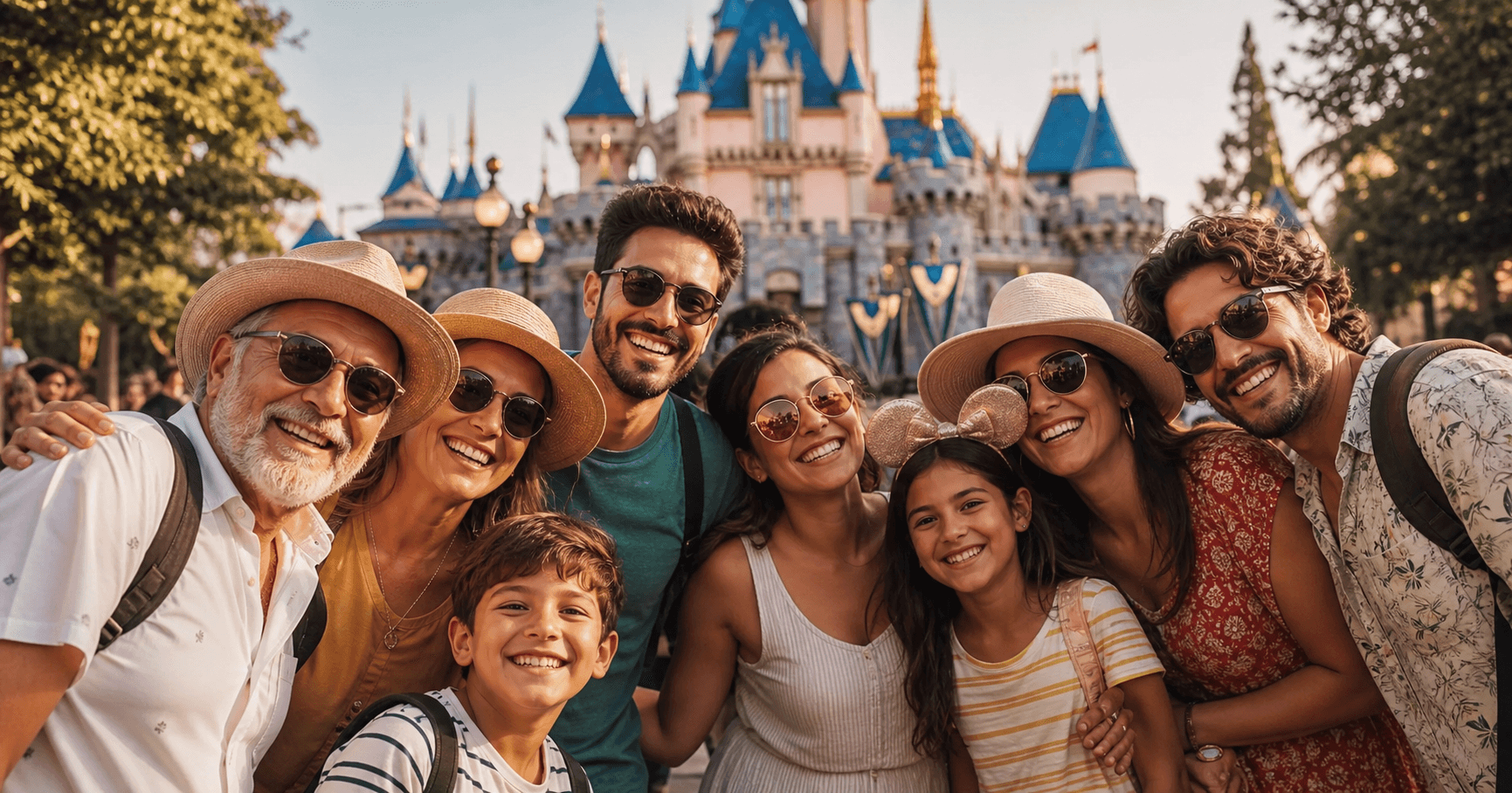 A family and friends group enjoying a theme-park trip