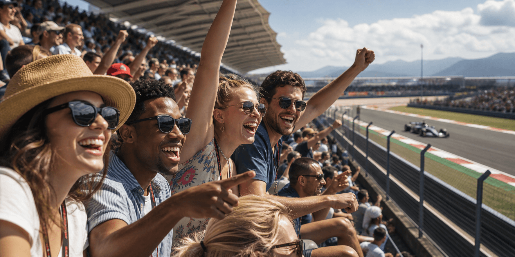 Friends watching an open-wheel race at a Formula 1 weekend
