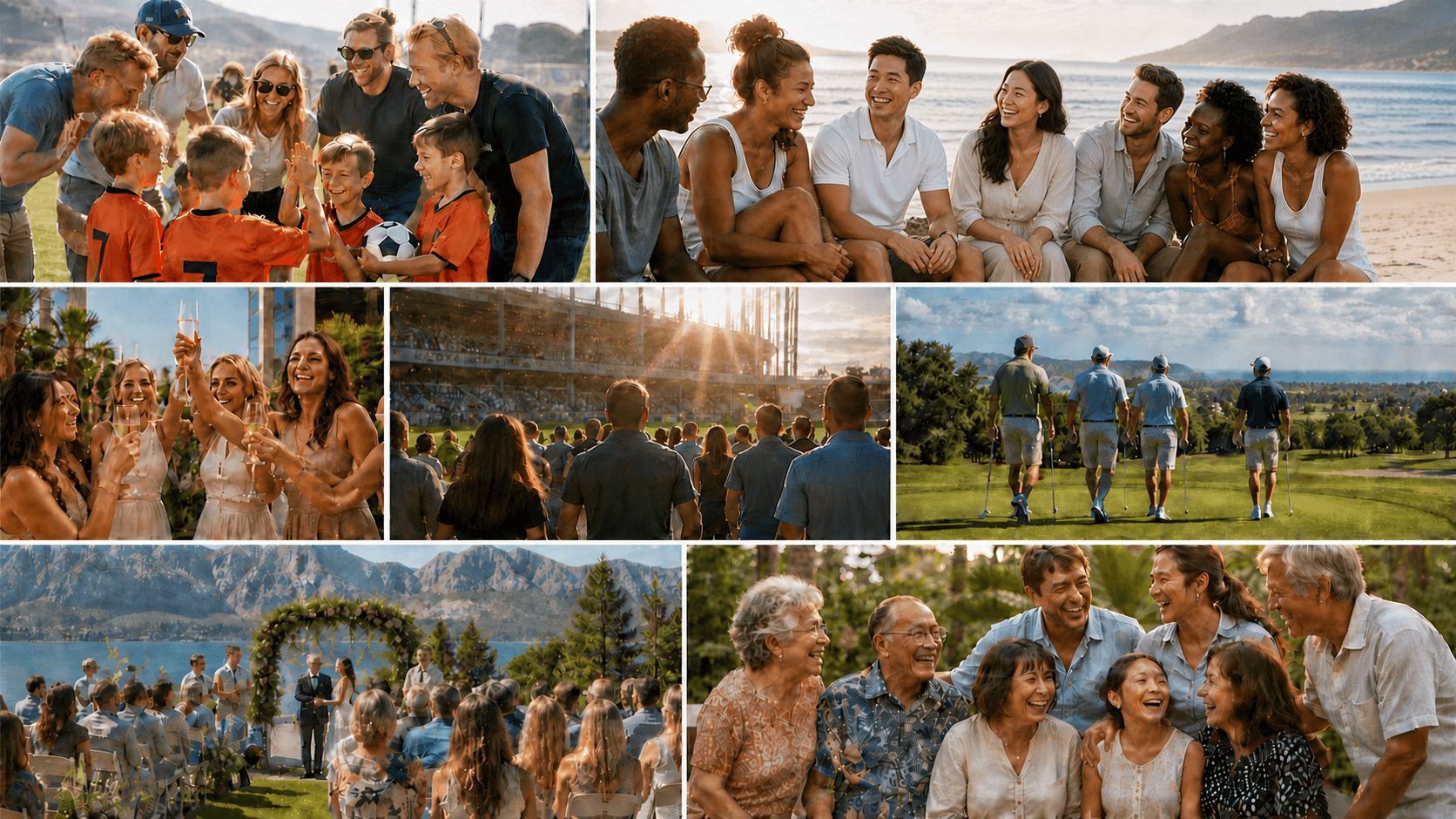 A collage of youth sports families, friends on vacation, bachelorette travelers, sporting event fans, golf travelers, a destination wedding, and a family reunion