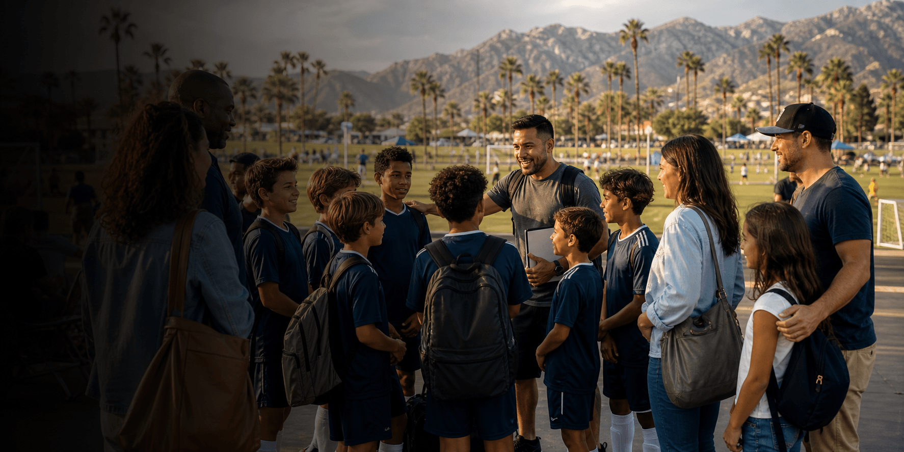 Youth soccer team, coach, and families at a tournament
