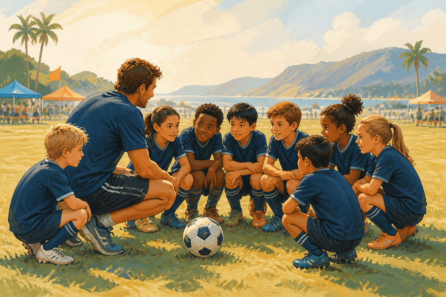 A coach speaking with youth athletes before a game