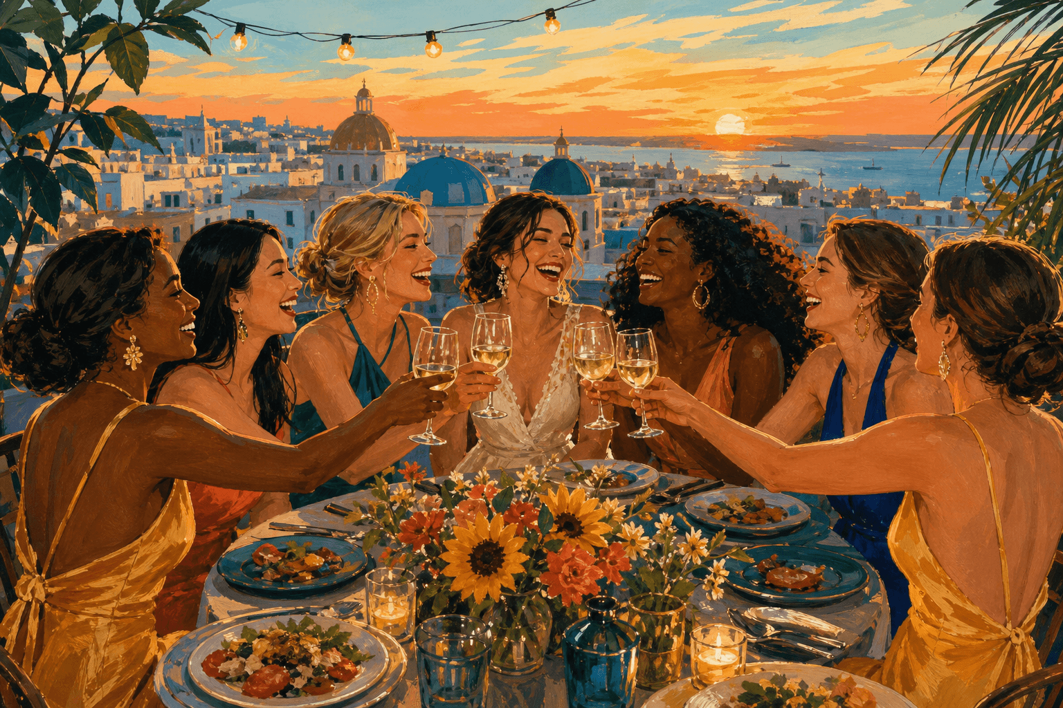A bachelorette party enjoying a city dinner together